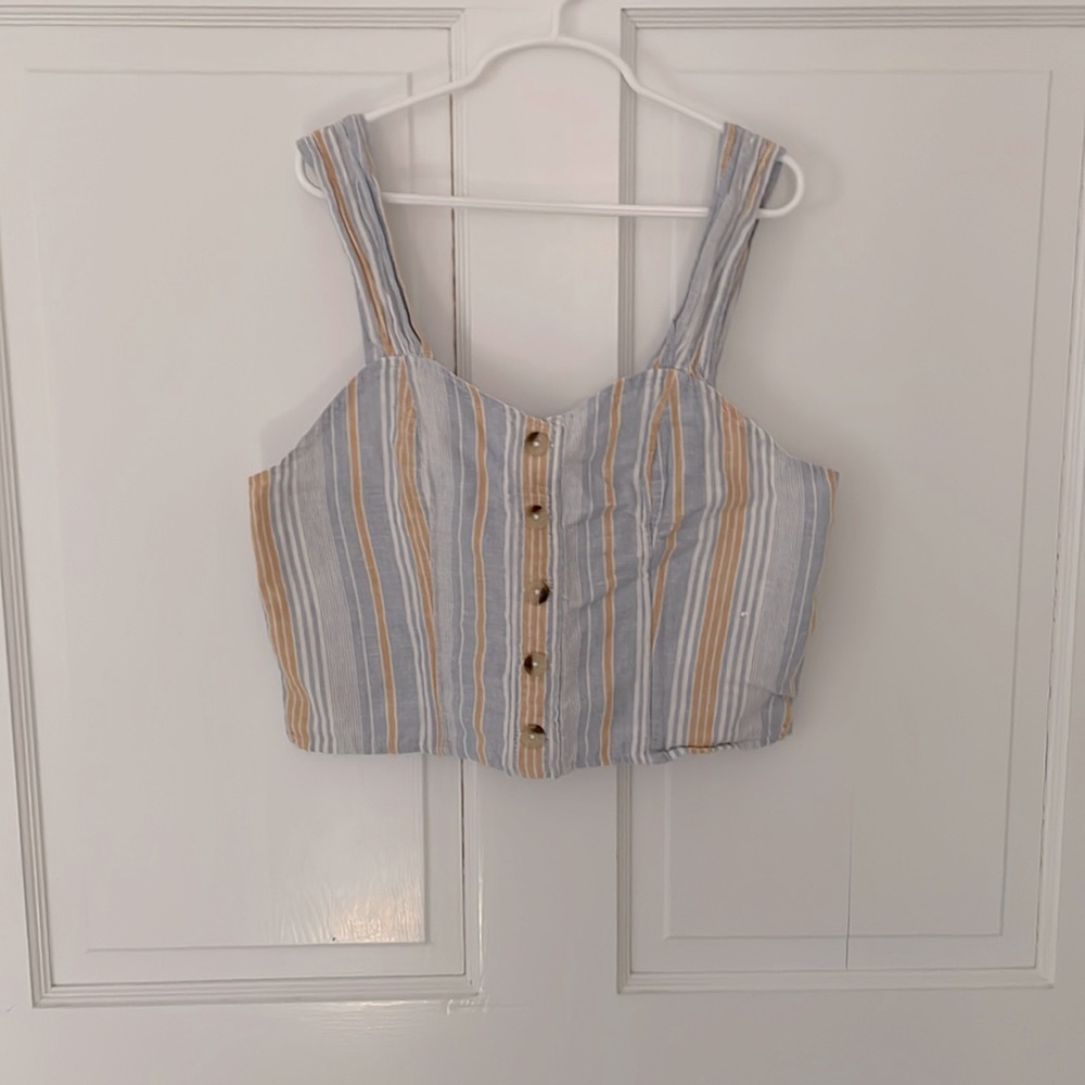 American Eagle crop tank top. Striped blue, coral, and white.